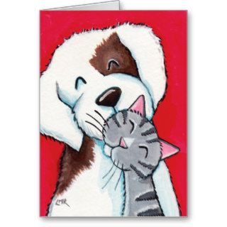 Best Friends   Cute Whimsical Tabby Cat & Dog Art Greeting Card