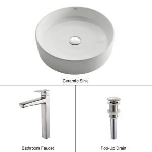 KRAUS Round Ceramic Sink in White with Virtus Faucet in Brushed Nickel C KCV 140 15500BN