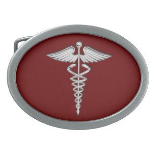 Caduceus Medical Symbol, Bling Silver on Red Belt Buckle