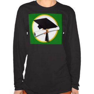 Graduation Cap w/Diploma   Green Background T shirt
