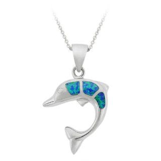 Sterling Silver Created Blue Opal Inlay Dolphin Pendant Necklace, 18" Jewelry