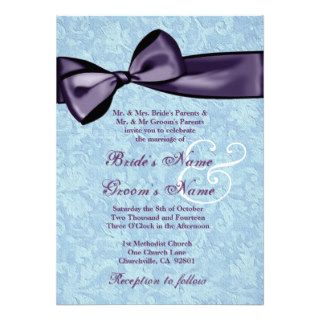 Baby Blue Damask and  Purple Bow Wedding V2 Personalized Invites