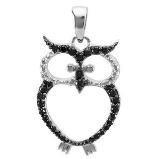 0.25 Carat (ctw) Sterling Silver Round Black Diamond Ladies Owl Pendant Jewelry