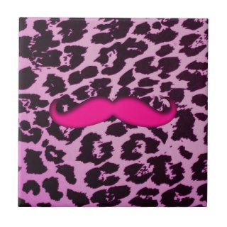 Cute funny pink mustache girly purple leopard skin tiles