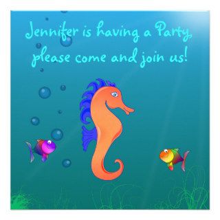 Cute & Colorful Seahorse Cartoon Children's Party Invitation
