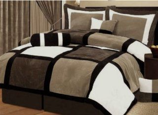 7 Pieces Brown & Beige Suede Patchwork Comforter Bedding Set Washable King Size  