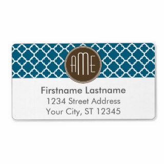 Chocolate and Teal Quatrefoil Pattern Monogram Personalized Shipping Labels