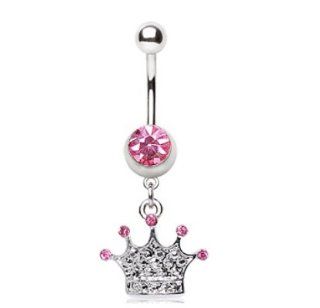 Princess Crown Dangle Navel Belly Ring w/Paved Pink CZ Gems Button Piercing Body Jewelry Jewelry