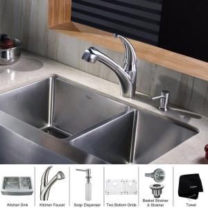 KRAUS All in One Farmhouse Apron 33x20 3/4x10 0 Hole Double Bowl Kitchen Sink with Stainless Steel Kitchen Faucet KHF203 33 KPF2110 SD20