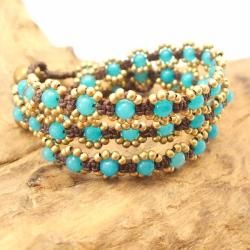 Blue Treasure Chalcedony Stone Brass Beaded Bracelet (Thailand) Bracelets