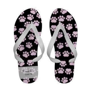 Sweet 16 Dog Paws Traces Paw prints Pink, Black Flip Flops