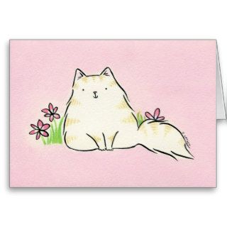 Fluffy Cat with Pink Flowers Greeting Card