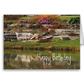 Happy Birthday, rock garden, bench & pond Card