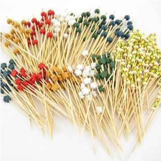 300 pc Assorted Bamboo Picks, 100 each of the following end decorations, ball, flower, Yellow Cord Kitchen & Dining