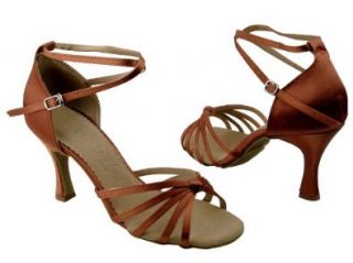 Ladies Women Ballroom Dance Shoes for Latin Salsa Tango SERA6005 Dark Tan Satin 2.5" Heel Shoes