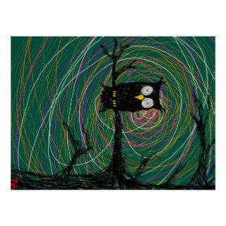 spooky owl in woods posters