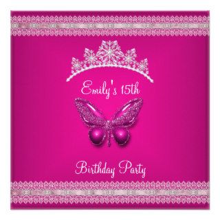 Quinceanera 15th Fushia Pink Tiara Butterfly Custom Invitations