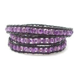 Purple Facets Amethyst Stone Leather 3 Wrap Bracelet (Thailand) Bracelets