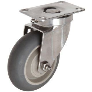 E.R. Wagner Plate Caster, Swivel, Dust Cover, Donut Tread, TPR Rubber on Polyolefin Wheel, Stainless Steel Plate, Delrin Bearing, 250 lbs Capacity, 4" Wheel Dia, 1 1/4" Wheel Width, 5 1/16" Mount Height, 3 5/8" Plate Length, 2 3/8"