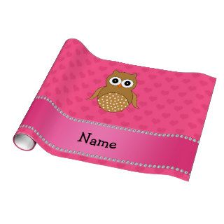 Personalized name brown owl pink hearts gift wrap