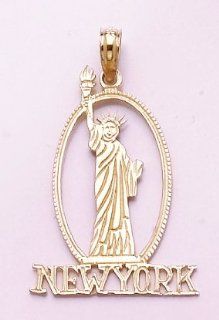 14k Gold Travel Necklace Charm Pendant, New York Statue Of Liberty In Oval Million Charms Jewelry