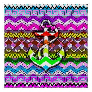 Pink Teal Tribal Zigzag Pattern Nautical Anchor Print