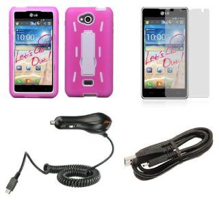 LG Spirit 4G MS870   Accessory Kit   Pink / White Rugged Hybrid Kick Stand Case + Atom LED Keychain Light + Screen Protector + Micro USB Cable + Car Charger Cell Phones & Accessories