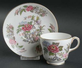 Wedgwood Cathay Footed Cup & Saucer Set, Fine China Dinnerware   Pink&Blue Flowe