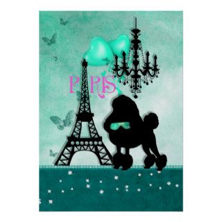 French Paris Girly Poodle Eiffel Tower Teal Damask Poster