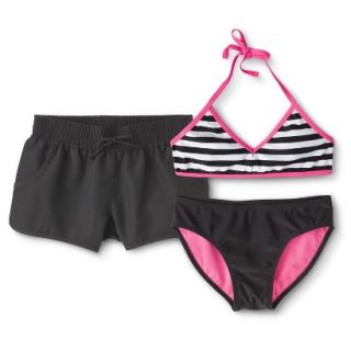 Girls Striped Bikini Top, Swim Bottom and Board Short Set   Black/Pink M