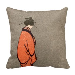 Vintage Japanese Kimono Woman Orange Looking Away Pillows