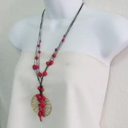 Intricate Golden Enchantment Red Coral Pendant Necklace (Thailand) Necklaces