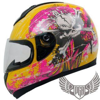 PGR 5007 Full Face Motorcycle Racing Helmet DOT Approved (Medium, Yellow Pink Skull) Automotive