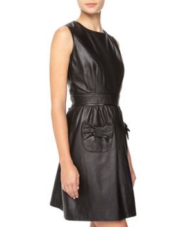 Bow Detailed Leather Fit And Flare Dress, Black