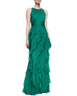 Womens Sleeveless Ruffle Skirt Gown, Emerald   Badgley Mischka Collection