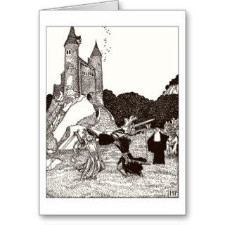 Two knights fighting before the castle greeting cards