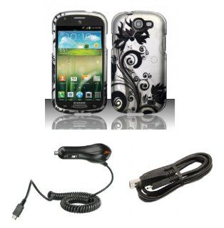 Samsung Galaxy Express I437 (AT&T)   Accessory Combo Kit   Black Orchid Vines on Silver Design Shield Case + Atom LED Keychain Light + Micro USB Cable + Car Charger Cell Phones & Accessories