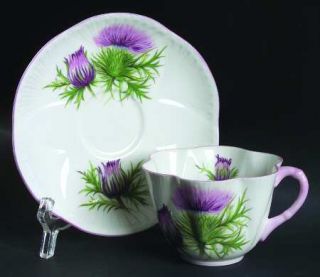 Shelley Thistle (Dainty,Pink,Pink Trim) Flat Cup & Saucer Set, Fine China Dinner
