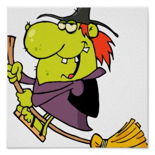 funny green witch riding broomstick on halloween print