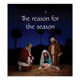 Santa kneeling at the Nativity Poster