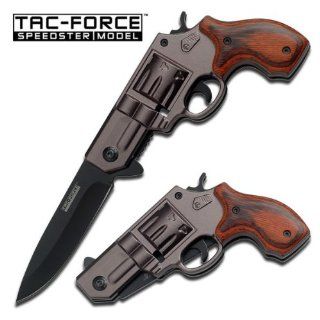Tac Force Gun Knife in Black with Black Aluminum Revolver Handle with Red Wood Overlay 440 Black Stainless Steel Blade   Pocketknives  