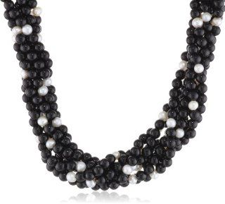 4 4.5mm Black Agate 7 Strand 3.5 4mm Freshwater Cultured White Pearl and Fancy Sterling Silver Magnetic Clasp Necklace (442.32 cttw), 18" Jewelry