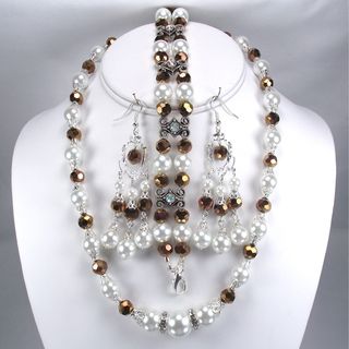 Silverplated White Glass Pearls and Copper Crystal Jewelry Set Jewelry Sets