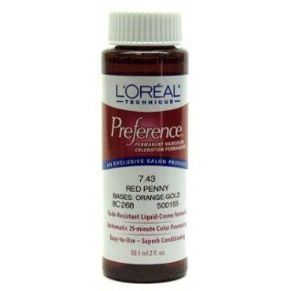 Loreal Preference Permanent Liquid Hair Color #7.43 Red Penny 2 Oz.  Chemical Hair Dyes  Beauty