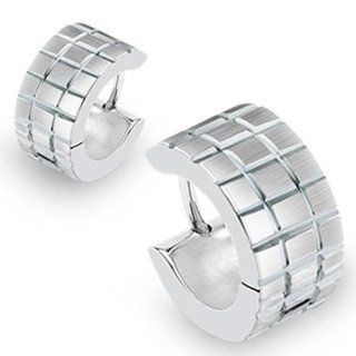 U2U Pair of 316l Surgical Stainless Steel Hoop Earring with Brushed Steel Grooved Square Grids Jewelry