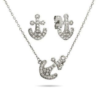 Sterling Silver Sideways Pave CZ Anchor Necklace and Earrings Set Jewelry