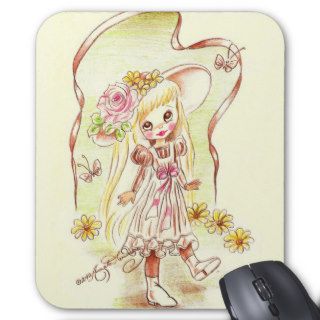 Cute Big Eyed Girl In Bonnet With Flowers Mousepads