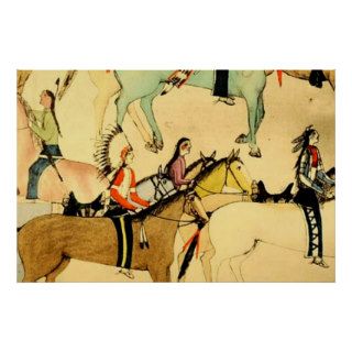 Primitive Indians Horses Vintage Folk Art Drawing Poster