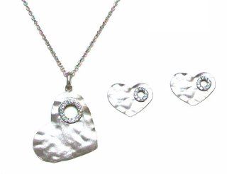 FRonay Sterling Silver Plated Hammered Heart Pendant Necklace with Cubic Zirconias and Matching Earrings Set Jewelry