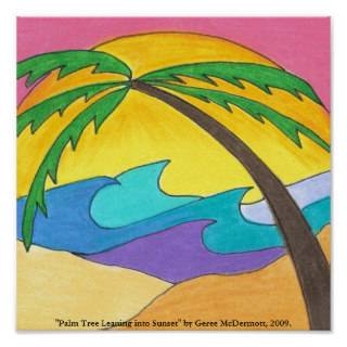 "Palm Tree Leaning into Sunset" Poster